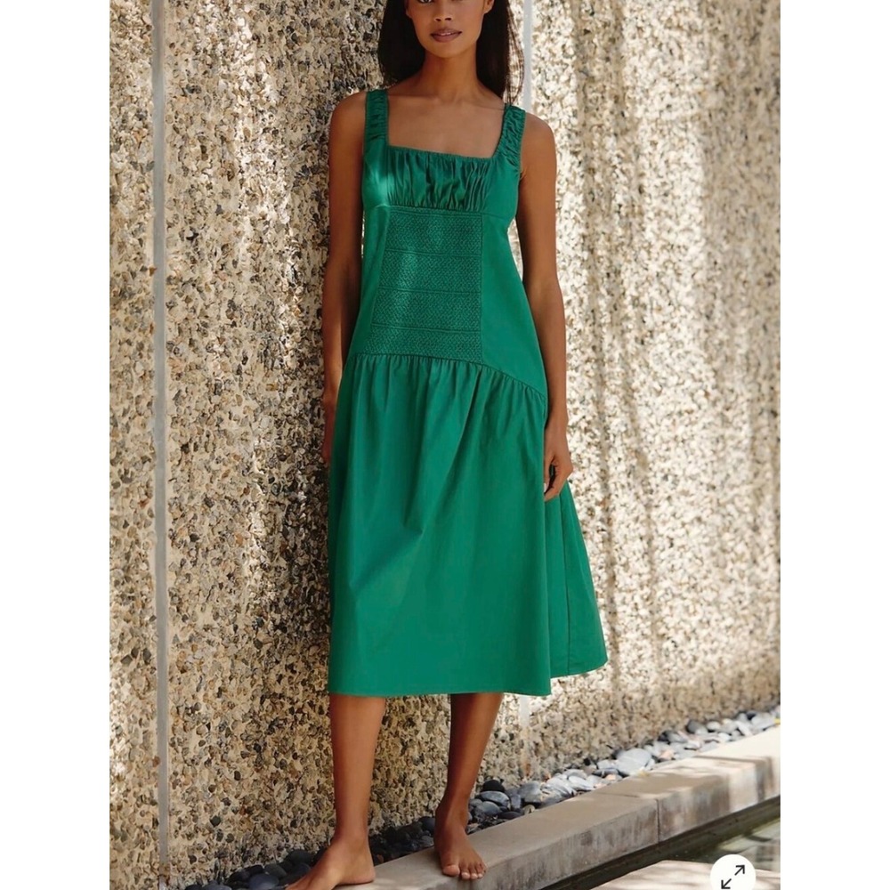 Anthropologie NWT Emerald Green Cotton Smocked Open Back Tiered Midi Dress XL
